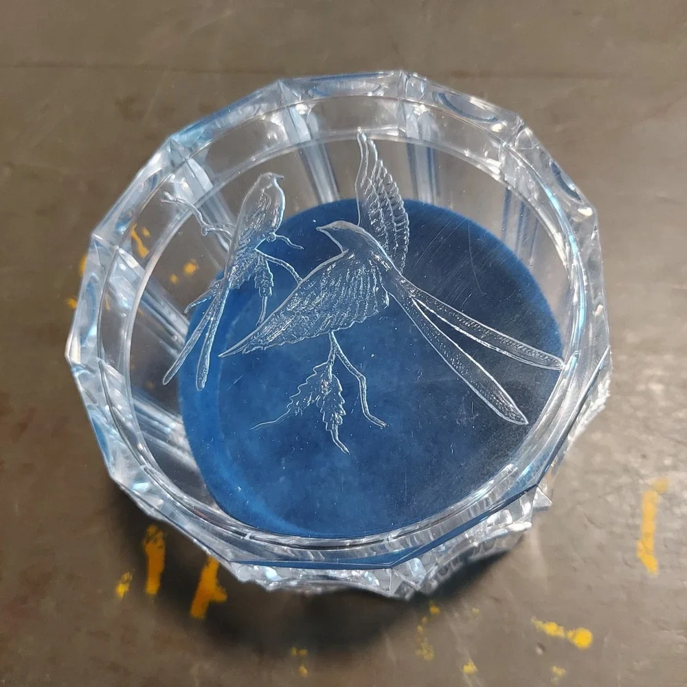 Vintage Etched Bird Trinket Box Clear Faceted Jewelry Case Blue Velvet Lining
